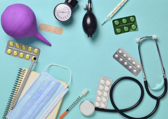 Medical equipments on a blue background